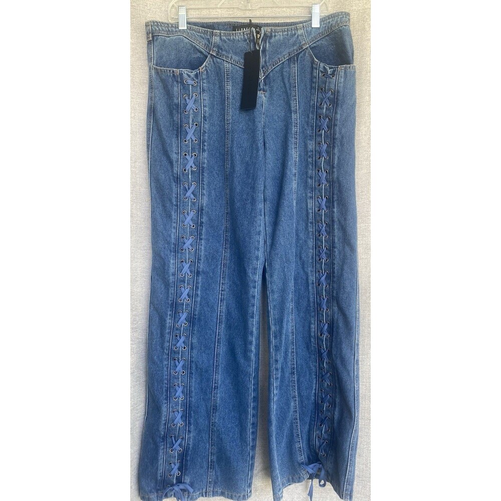 Lioness Jeans Day Dream Mid Rise Lace Up Straight Leg Dark Blue Y2K Indie XL NWT